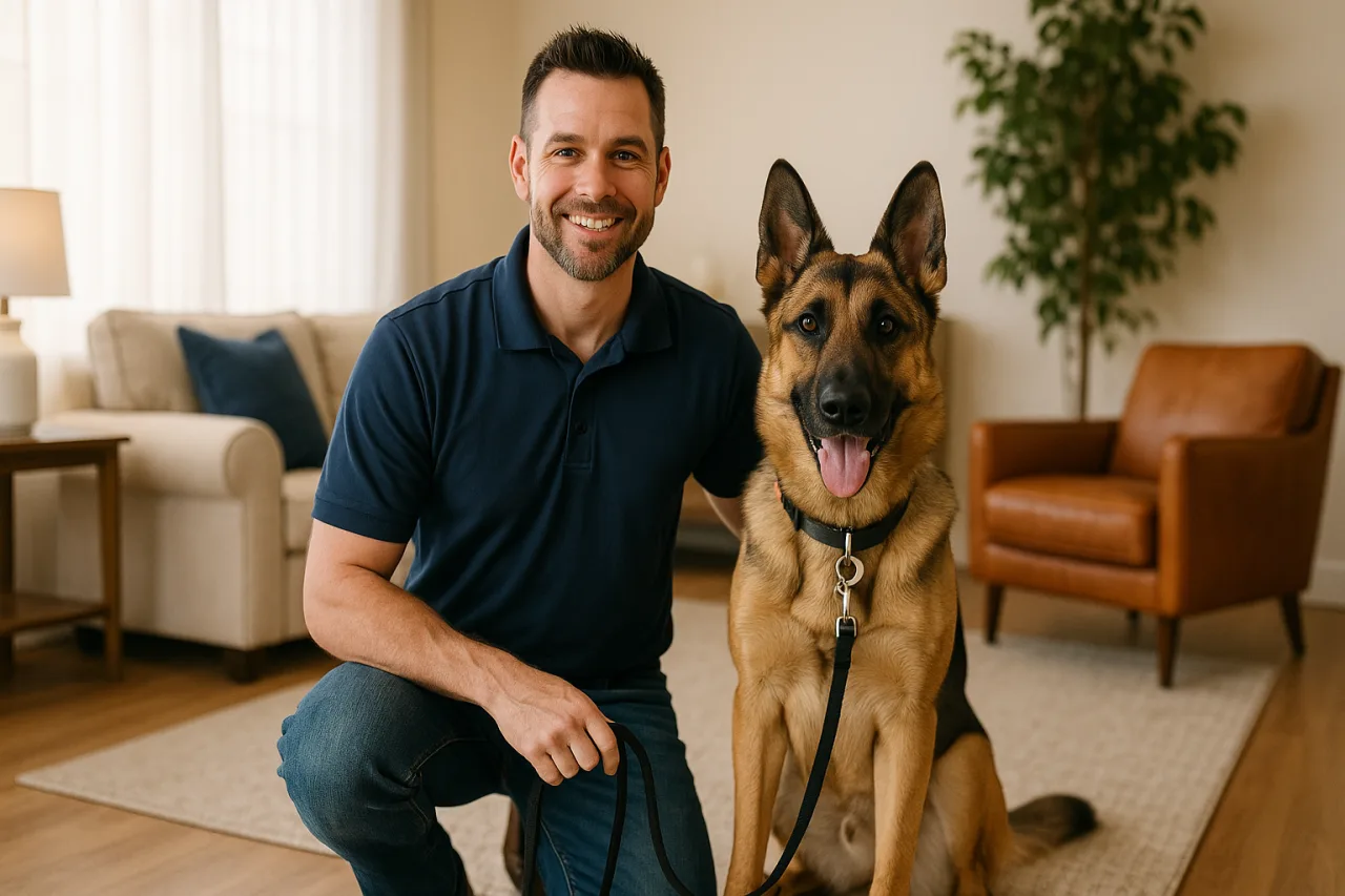 Happy dog with trainer in outdoor training session
